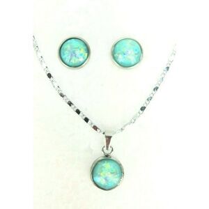 Created Blue Opal Earrings & Necklace - White Gold-Plated Chain - Blue